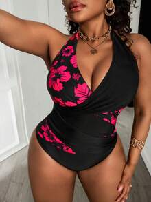 SHEIN Slayr CURVE 大码深V领挂脖泳衣，黑粉芙蓉花拼接设计，修身连体泳衣，适合夏季海滩度假 - 彩色 - 查看 5