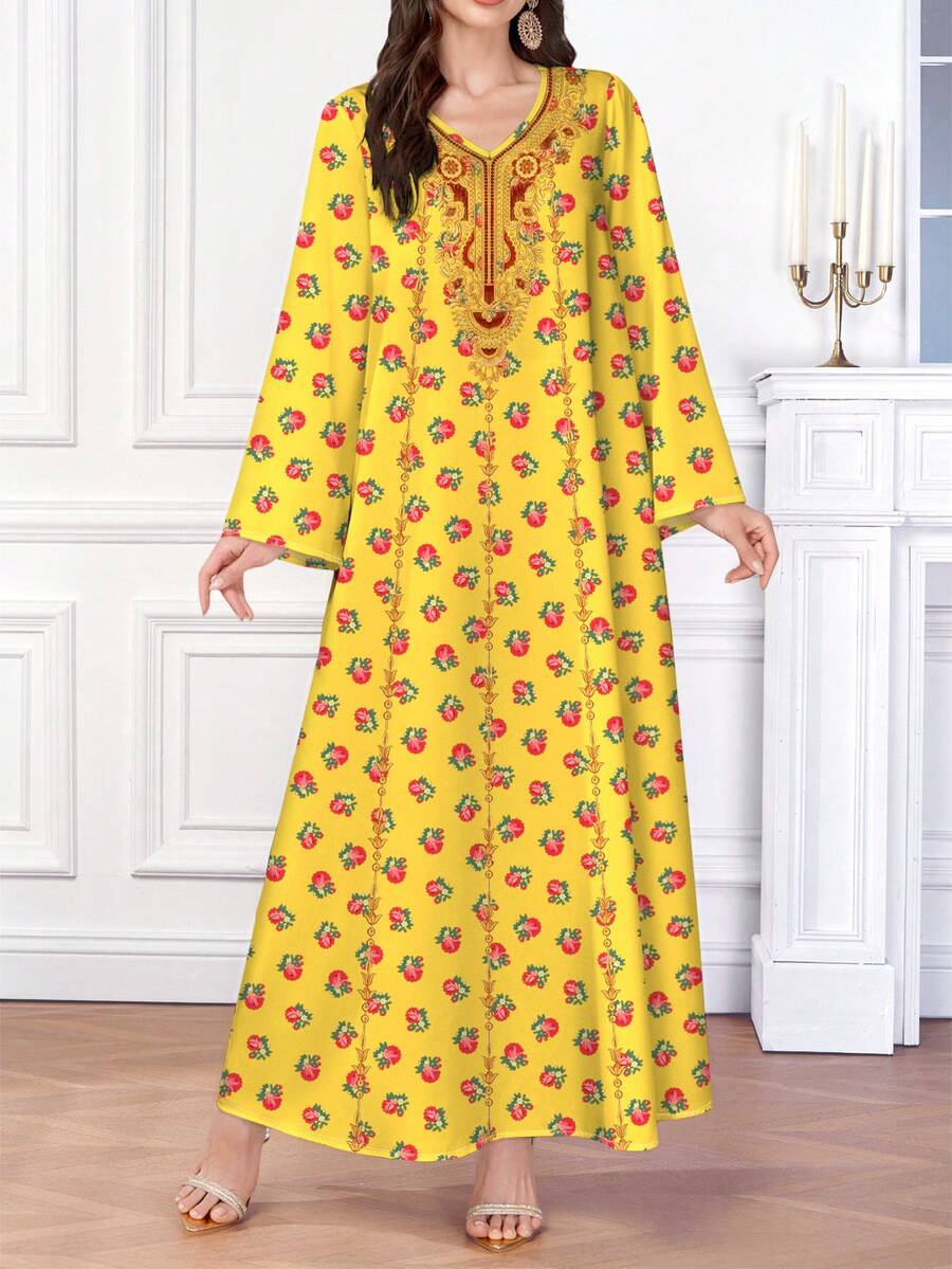 Al Najma Women's Arabic Graphic Print V-Neck Long Sleeve Shalky Printed Jalabiya Dress, Modest Full Length Dresses - Yellow - View 1