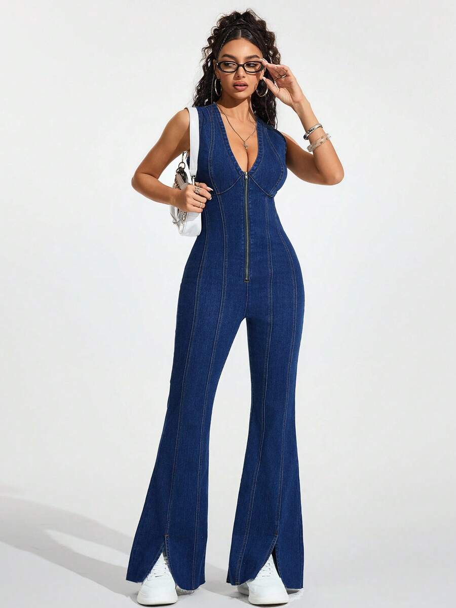 Jeanoix 女士深V领拉链前开衩下摆性感无袖牛仔连体裤 - 中等水洗藍 - 查看 1