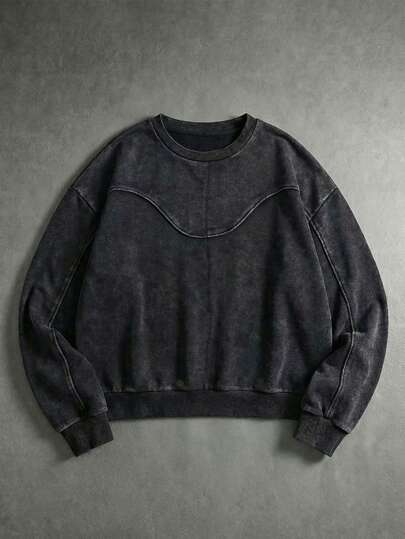 AXEPEAK Men's Casual Sweatshirt Washed Distressed Style Round Neck Pullover Top