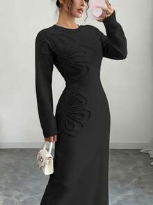 Selianne Plus Size Women Elegant Floral Pattern Waist Cinched Sweater Dress, Versatile For Autumn/Winter - Black - View 6