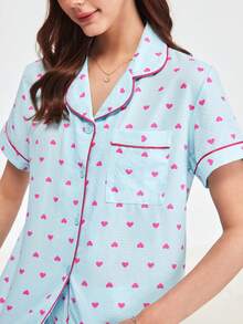 Bonmuse Bộ đồ ngủ mùa hè in hình trái tim nhỏ 2 món cho nữ, áo sơ mi cài nút tay ngắn và quần short, đồ mặc nhà thường ngày cho mùa hè., Bộ đồ hai món - Màu xanh lam - Xem 7