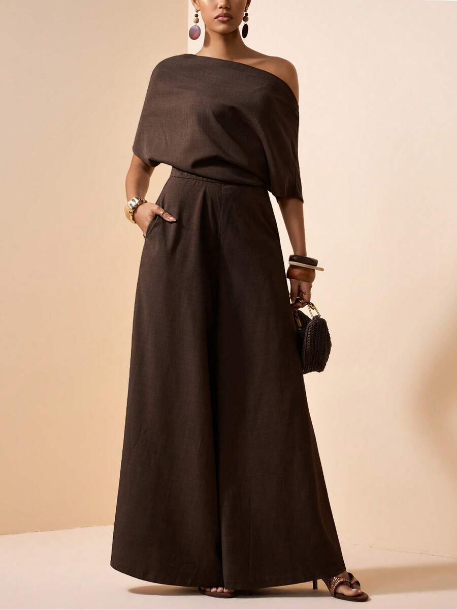 Zivah 女士纯色斜肩口袋时尚复古休闲连体裤阔腿裤