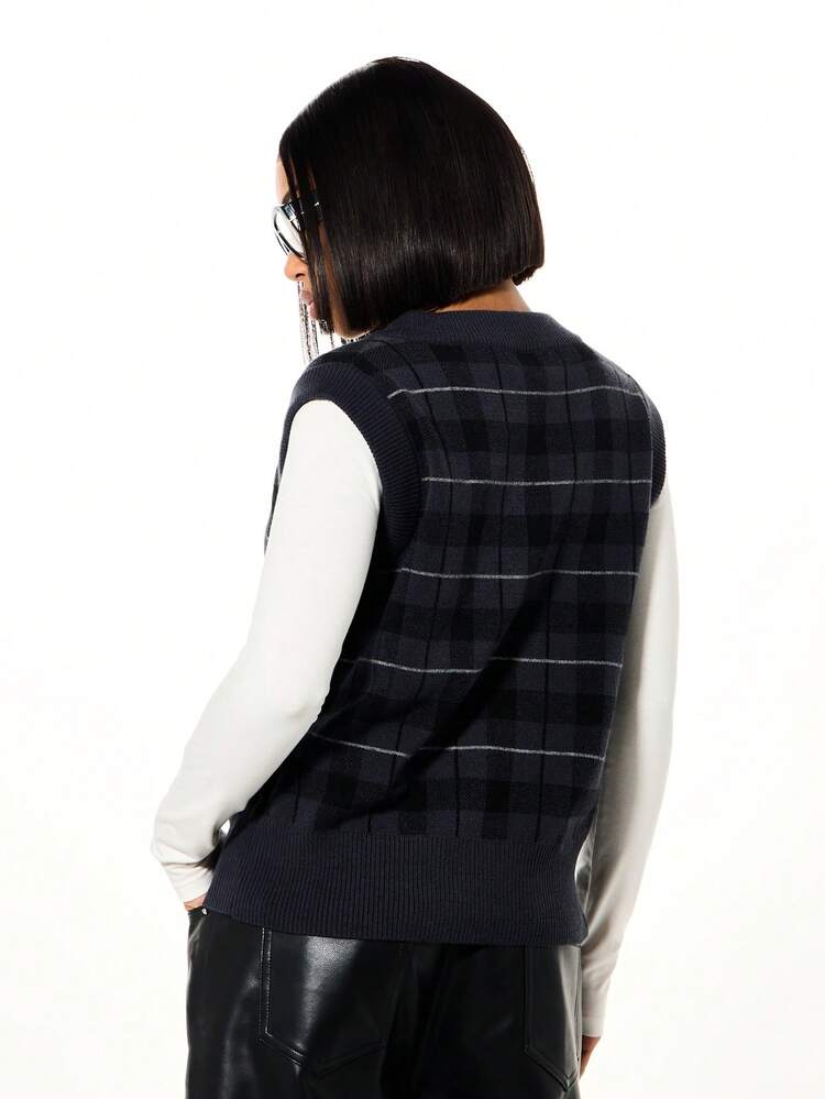 SUMWON WOMEN Oversized Tonal Check Knitted Sweater Vest