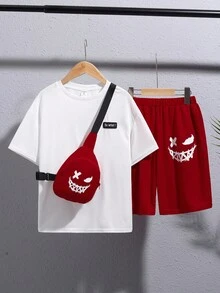 SHEIN 3件套青少年男童运动休闲学院风短袖上衣、短裤和斜挎包，春夏款 - 紅色 - 查看 6