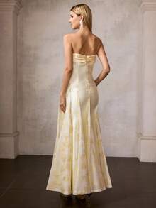 MOTF Soiréza Đầm dự tiệc không dây vai bằng vải jacquard phối nhiều mảnh dành cho nữ, mùa xuân/hè. - Màu vàng - Xem 4