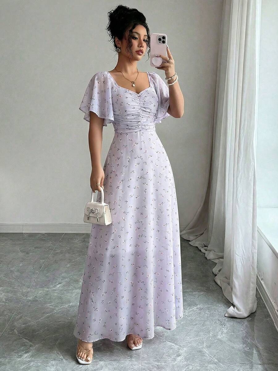 Modelyn Women's Lavender Chiffon Floral Print Batwing Sleeve Ruched Sweet French Style Summer Dress - Mauve Purple - View 1