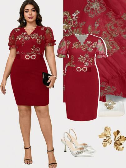 Ellevyn Plus Size Women Floral Sequin Ruffle V-Neck Short Puff Sleeve Fitted Elegant Dress Bodycon Plus Size Dress Wedding Guest Dress Curve Birthday Outfits For Women Curve Cheongsam Dress, Summer Dresses