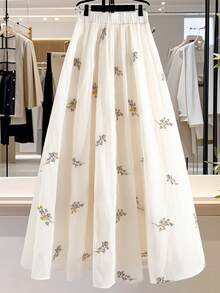 Modelyn 女士碎花弹力腰优雅半身裙 - 杏色 - 查看 8