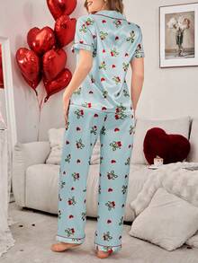 SHEIN 蝴蝶结樱桃印花翻领开衫仿丝绸女士睡衣套装 - 藍色 - 查看 2