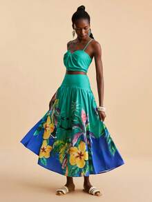 Travachic Women's Summer Casual Beach Vacation Pleated Cropped Camisole And Tropical Print High Waist Mini Skirt Set - Green - View 5