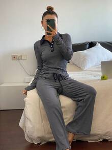 Livesso 条纹修身短款翻领上衣和长裤家居服套装，秋冬睡衣，舒适休闲装 - 藍色 - 查看 5