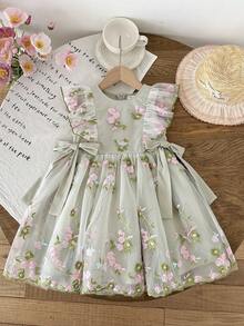 SHEIN X GALILEA LMoss Kids 女童雪纺碎花荷叶边休闲连衣裙 - 彩色 - 查看 3