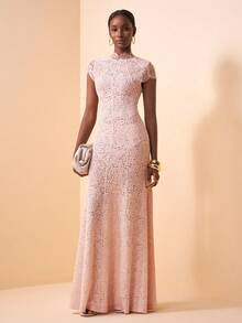 Zivah 2026 Spring/Summer New Arrival Stand Collar Puff Sleeve Lace Fabric Long Split Waist Lace A-Line Pink Dress Formal Dress Evening Dress Guest Wedding Dress Women - Pink - View 5