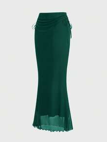 ROMWE Fairycore Chân váy xếp ly xẻ tà dáng đuôi cá thanh lịch dành cho nữ - Màu xanh lá cây đậm - Xem 2