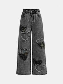 SHEIN ChillGRL Tween Girls Y2K Light Blue Denim + Five-Pointed Star Frayed Patch Embroidery + Straight Loose Fit + Fashionable Streetwear Casual Girls Jeans - Grey - View 5