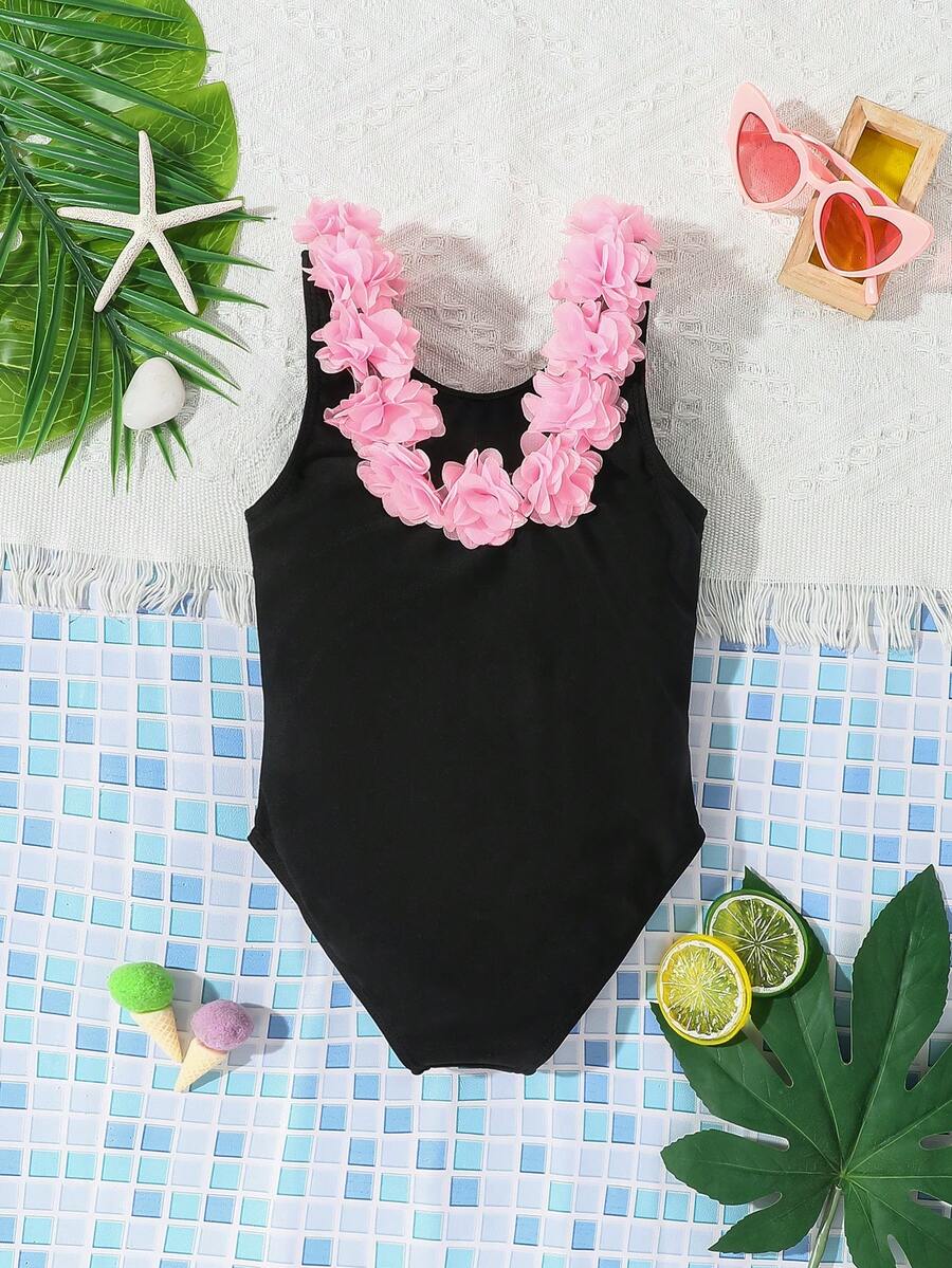 SHEIN Emery Rose Kids 少女款撞色花卉裝飾連身泳衣,夏季海灘度假 - 黑色 - 查看 1