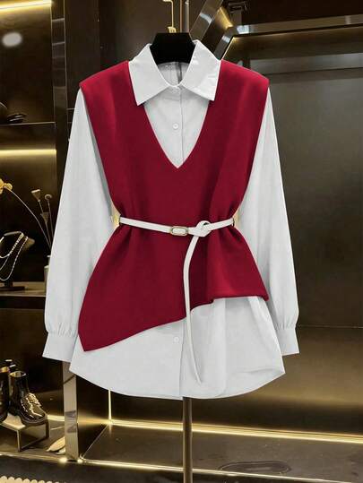 Franclia 2025 Autumn Fresh Debut: Ladies' 2 In 1 Jacket-Shirt Ensemble, Boasting Artful Asymmetrical Tailoring, Exquisite Button Accents & An Adjustable Waist Sash, Streamlined Silhouette That Enhances A Slimmer Look, Versatile For Office Commutes, Leisurely Weekends & Casual Outings