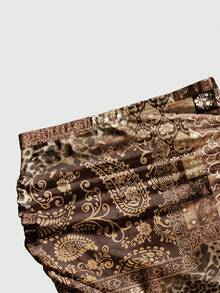 ROMWE Hippie Leopard Print Patchwork Paisley Full Print Ruched Bodycon Fishtail Skirt - Coffee Brown - View 4
