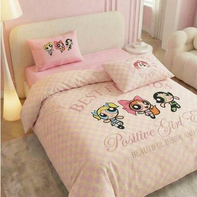 THE POWERPUFF GIRLS X Joivida 3件套粉色棋盘格卡通图案床上用品套装，乡村风格，适用于单人床/双人床/大床/特大床，宿舍/家居礼品之选