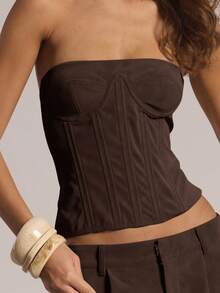 MUSERA 带钢骨拉链无肩带麂皮紧身胸衣上装，适合冬季休闲外出、性感日常、夜间外出、可爱节日、派对、春夏庆典等场合。 - 棕色 - 查看 6