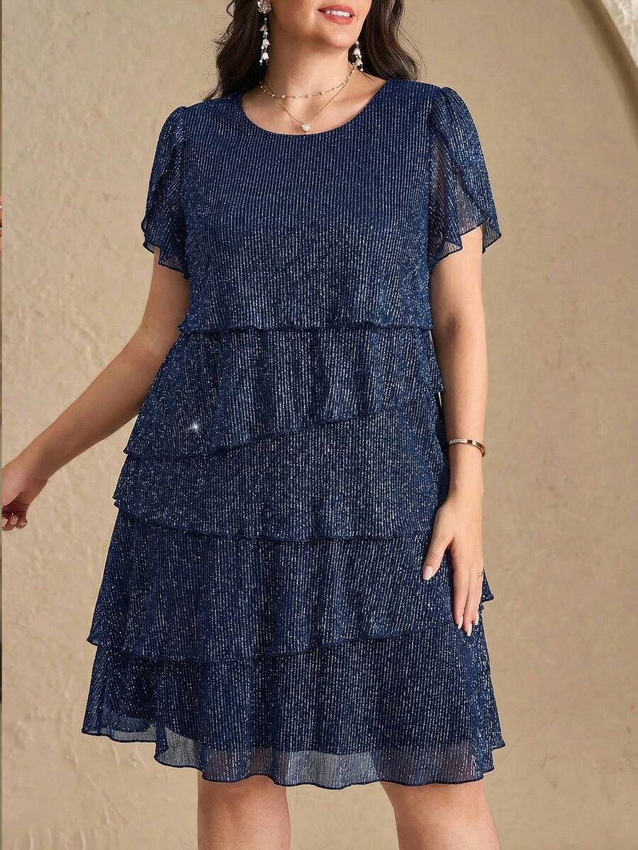 SHEIN Clasi 大码女式花瓣短袖优雅亮面中长连衣裙