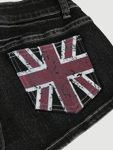 ROMWE Grunge Punk Y2K Retro Washed Pocket UK Flag Print Super Low Waist Denim Shorts - Black - View 4