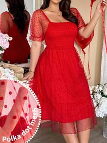 Vionelle Plus Size Red Polka Dot Mesh Overlay Midi Dress,Cute Summer Satin Party Dress For Valentine's Day - Red - View 5