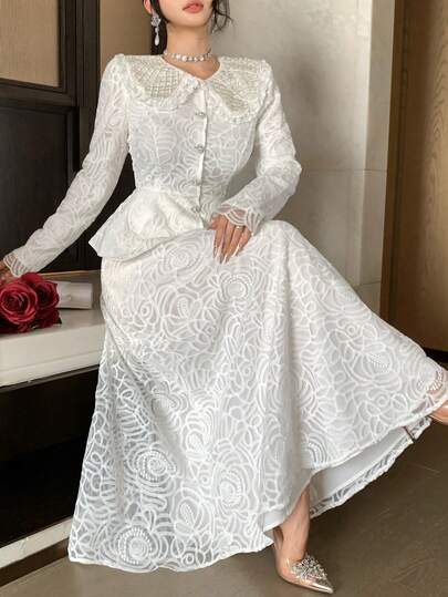 DAZY 2pcs Luxury French Style Beaded Dress Set, Unique & Gorgeous Gold Tone Outfit For Women,Wedding Guest Dress Women