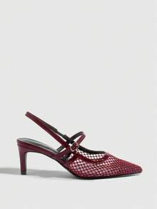 CUCCOO SZL Women's Fashion Wine Red Mesh Rhinestone Pointed Toe Slingback Flat Pumps, Suitable For Commuting, Dating, Party, Wedding, Holiday Spring Shoes Spring Break Easter Prom Heels - Burgundy - View 3