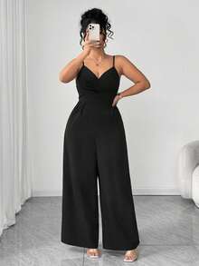 Elenzga 时尚休闲浪漫复古优雅V领收腰连体裤，通勤必备 - 黑色 - 查看 4