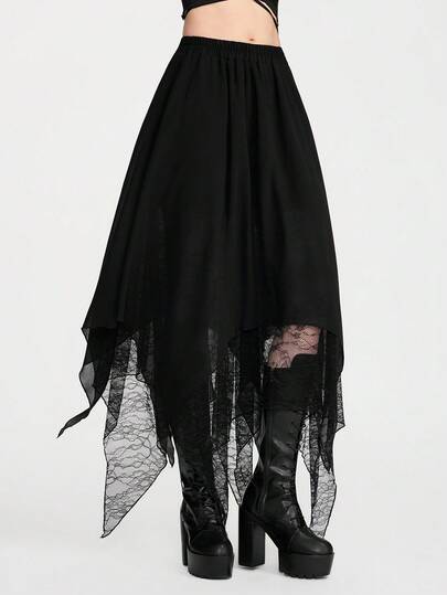Breakform Falda larga holgada con cintura elástica, estilo gótico vintage, de gasa con encaje asimétrico de doble dobladillo y forro tejido