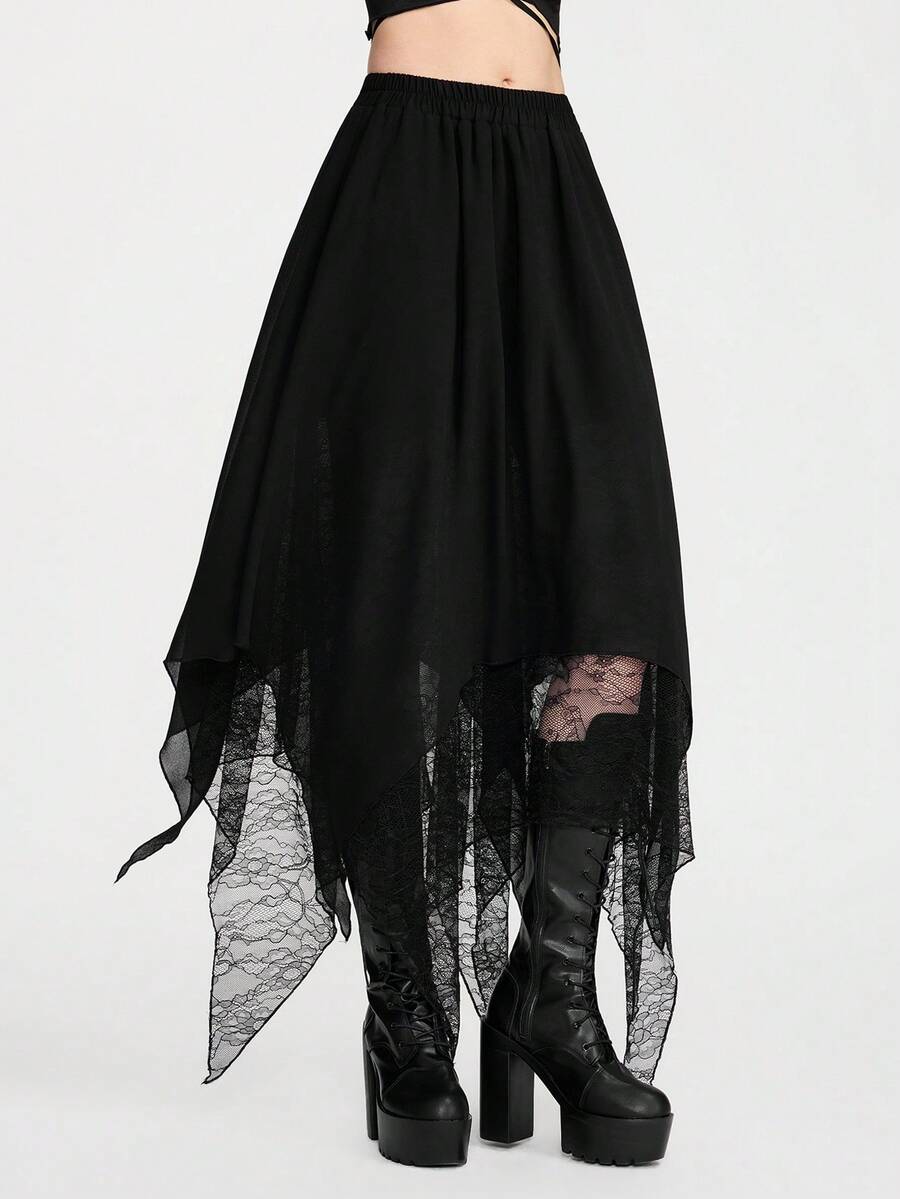 Breakform Chân váy dài dáng suông phong cách Gothic cổ điển dành cho nữ, eo chun, chất liệu chiffon phối ren tương phản, vạt váy bất đối xứng đôi, lót vải dệt. - màu đen - Xem 1