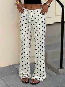 Muchica 修身波点印花抽绳腰带休闲女裤 - 黑與白 - 查看 3