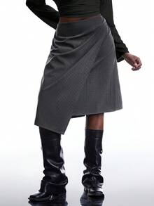 LYSMO Chân váy đen dáng lệch gấu, cỡ lớn - Xám - Xem 3