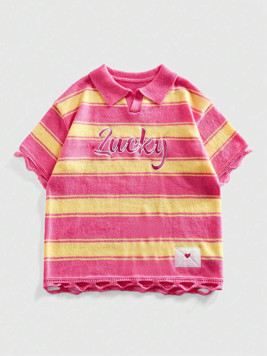 ROMWE MEN 男士条纹刺绣针织 Polo 衫，街头服饰 - 彩色 - 查看 1