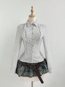 Elamini Áo kiểu nữ bất đối xứng kẻ sọc xếp nếp phối ghép eo thon gợi cảm, áo dài tay đa năng cho mùa đông - trắng - Xem 5