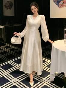 DAZY Women's Elegant Solid Color Lace Patchwork Puff Sleeve Long Dress, Spring/Summer Wedding Guest Dress Sundress - Beige - View 8