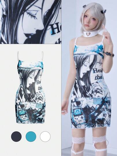 Anime Abito mini da donna con stampa di siringhe mediche e pillole in stile Y2K