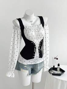 Elamini Women's Casual Faux 2-Piece Polka Dot Splice Eyelet Lace-Up Off Shoulder Fitted Long Sleeve T-Shirt, Spring/Autumn Polka Dots - Black and White - View 3