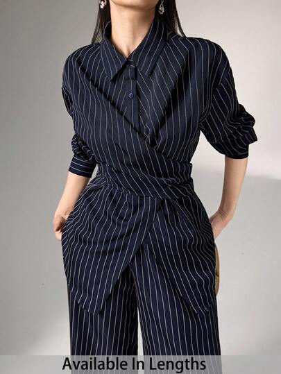 SHEIN Tall CURVE Büyük Beden Günlük Kullanım İçin Çizgili Gömlek ve Pantolon 2 Parça Takım Bluz ve Pantolon Takımı Kadın Tulumları Lacivert Tulum Kadın Tulumu İş Tulumları Kadınlar İçin