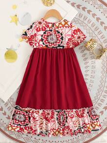 SHEIN Summer Floral Pattern & Solid Color Button Back Neck Dress - Multicolor - View 8