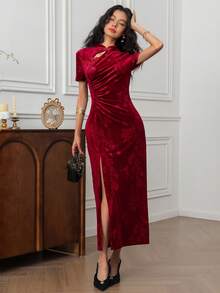 EastFlair 女士优雅花卉提花旗袍领开衩连衣裙，夏季