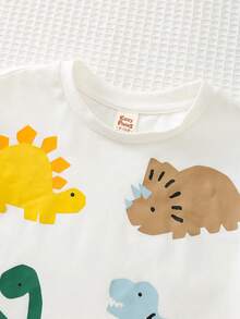 Cozy Pixies Baby Boy Cartoon Dinosaur Pattern Knitted Soft Crew Neck Short Sleeve Pullover Top Baby Boy Summer Top Dinosaur Graphic T-Shirt Dinosaur Baby Clothes Baby Graphic Tees Toddler Graphic Tshirts Baby T-Shirt Cotton Clothes Dinosaur Tshirt - White - View 4