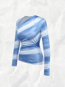 Nevyona 女士优雅渐变印花斜肩长袖T恤，春季时尚上衣 - 霧霾藍 - 查看 3