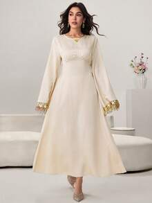 Yasmyna Women's Apricot Silk Blend Satin Long Sleeve Fringe Trim Cinched Waist A-Line Elegant Arabic Dress, Spring/Summer - Apricot - View 5