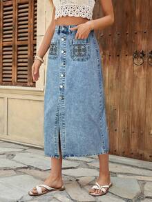 Falda vaquera casual con botones para mujer, azul de verano para mujer, falda vaquera, falda para vacaciones, playa para mujer, concierto para mujer, estilo bohemio, falda larga para mujer - Lavado ligero 2 - Ver 5