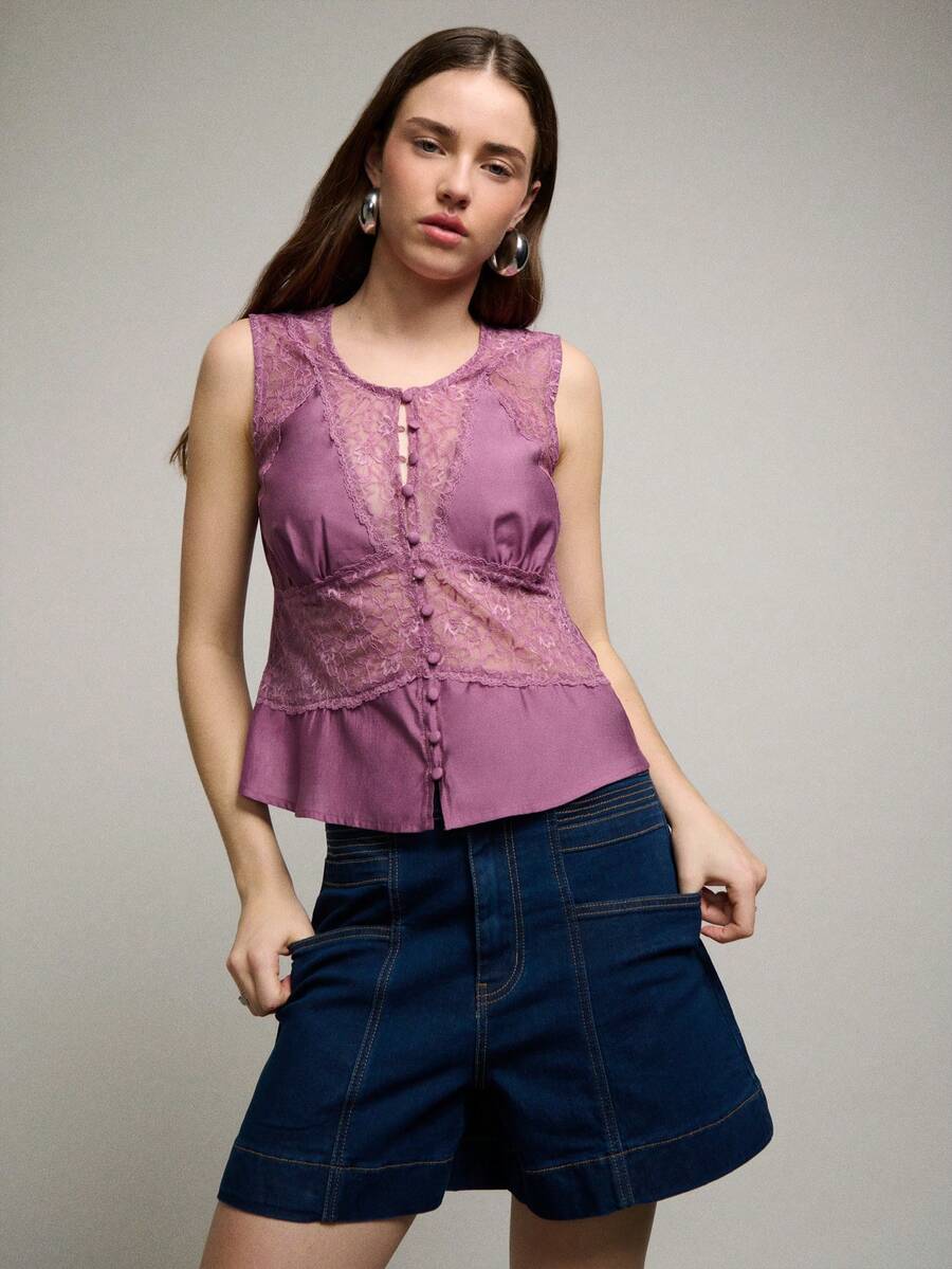 Nöista Elegant Mauve Purple Summer Sleeveless Blouse,Feminine Sheer Lace Panels,Covered Buttons,Peplum Hem,Tea Party Festive Resort Spring Look - Purple - View 1
