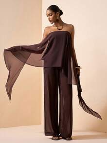 Zivah 2026 Spring/Summer New Music Festival, Easter, St. Patrick's Day, Valentine's Day, Date, Western, Nomadic, Birthday Party, Graduation, College, Student, Daily Wear, Basic Versatile, Casual, Vacation, Cruise Travel, Beach, Sunbathing, Viral , Streetwear, Wedding Guest Boho, Commute, Brunch, Airport, Party, Holiday Outing, Office Wear Chiffon Sleeveless Ruffle Hem Top And Pants Brown Suit - Brown - View 5