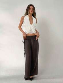 Aloruh Women's Brown Ultra Low Waist Pleated Tie Loose Straight Leg Pants, Spring/Summer - Brown - View 3